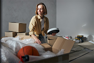 eine frau packt ihre sachen in kartons