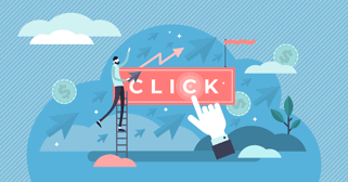 Illustration einer Hand, die auf „Click“-Button zeigt