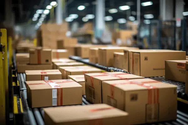 Förderband mit Versandpaketen in Lagerhalle