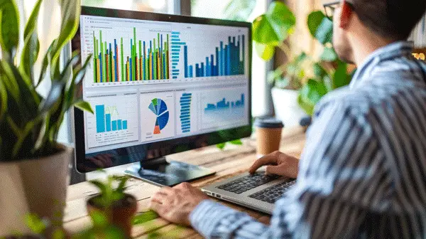 Person arbeitet an zwei Monitoren mit Diagrammen