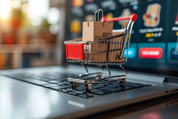 Miniatur-Einkaufswagen mit Versandpaketen