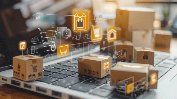 Versandpakete und digitale Logistik-Icons auf Tastatur